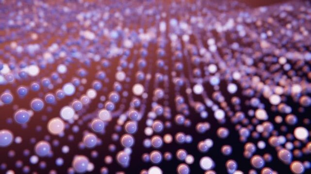 Two layered lattices of glossy pearl beads ripple as slow swells travel through them, lit peach from one side and periwinkle from the other.