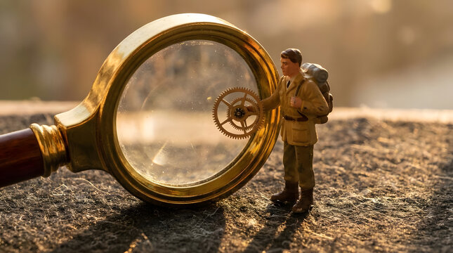 Miniature figure holding magnifying glass over mechanical gear.