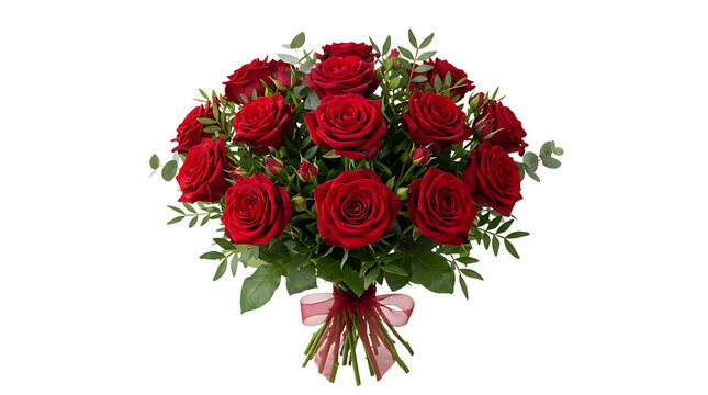 A beautiful bouquet of fresh red roses tied with a decorative ribbon presented as an isolated object on transparent background isolated on transparent background