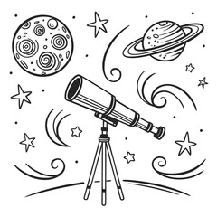 Hand drawn space exploration set with a telescope, a cratered planet, and saturn with rings on a clean and simple white background © md solaimas