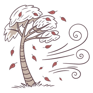A hand-drawn of a tree bending in a strong wind with swirling gusts and falling autumn leaves on a clean white background