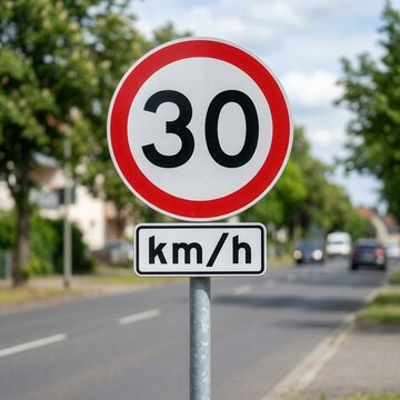 Thirty Kilometers Per Hour Speed Limit Traffic Sign On A Roadway With Trees And Cars In Background