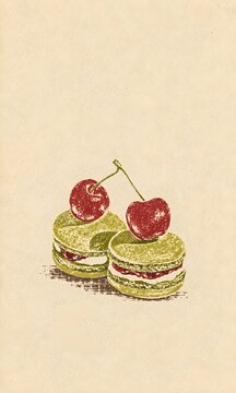 Vintage-style whimsical close-up illustration of two French macarons filled with cream and topped with fresh red cherries on a textured cream paper background.