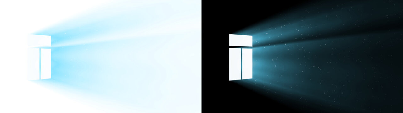 Volumetric light rays shining through a square window. Soft light blue god rays with floating dust particles transparent background.