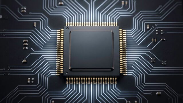 Macro view of a black microchip with glowing gold pins on a dark circuit board. High-tech futuristic processor for AI, data computing, and electronics engineering concepts. Highly detailed tech visual