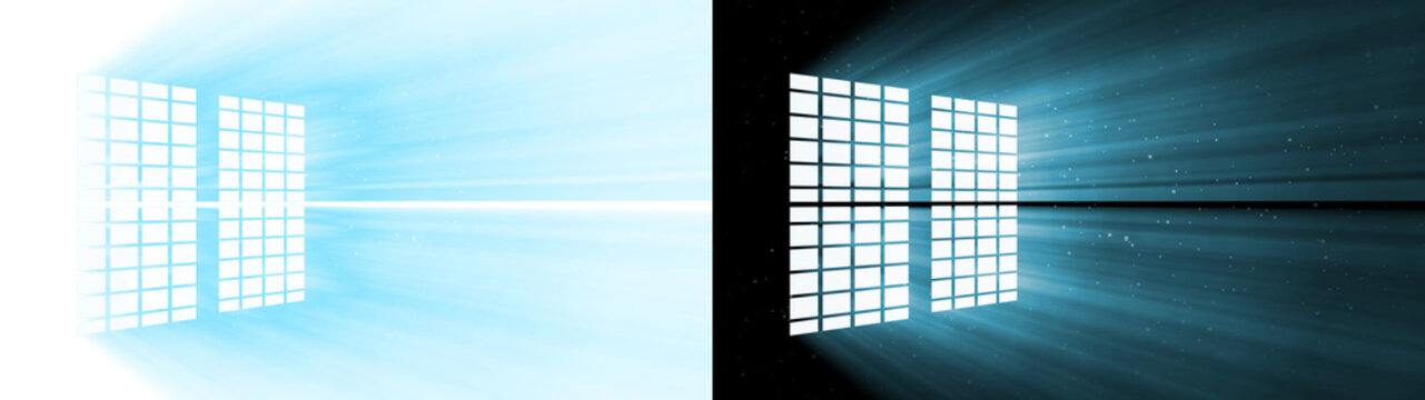 Volumetric light rays shining through a square window. Soft light blue god rays with floating dust particles transparent background.