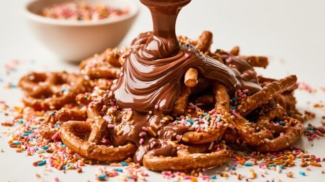 Delicious Pretzel Snack with Rich Chocolate Sauce and Colorful Sprinkles Perfect for Dessert Lovers and Celebrations at Home or Parties