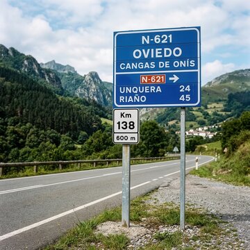 Scenic Mountain Road Signage To Oviedo And Cangas De Onis Destination