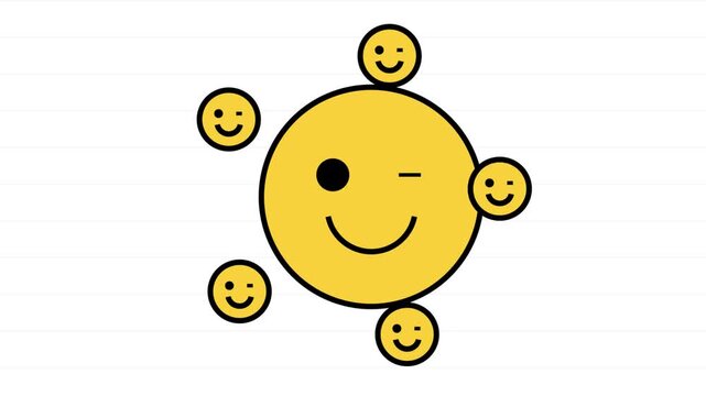 Yellow winking smiley face icons with orbiting emojis on white