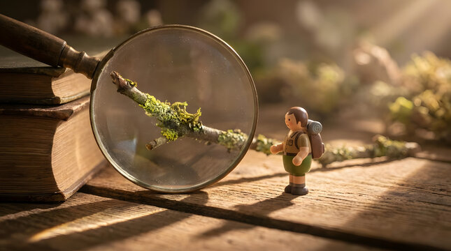Miniature figure looking through magnifying glass at branch.