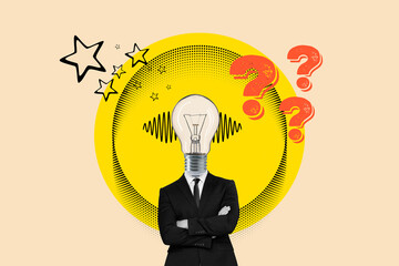 Fototapeta premium Collage de un hombre con traje y en su cabeza una bombilla junto a unos signos de interrogacion y estrellas sobre un circulo amarillo y un fondo beige. Vista de frente. Copy space