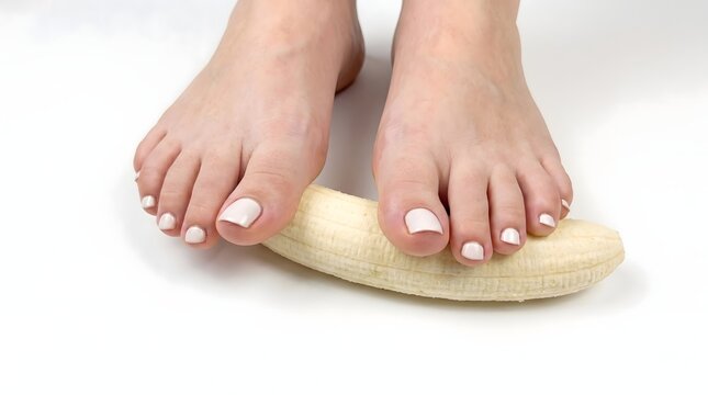 Female Feet Standing on Whole Peeled Banana. Clean commercial shot of female bare feet with white pedicured toes standing gently on a fresh peeled yellow banana on white background.