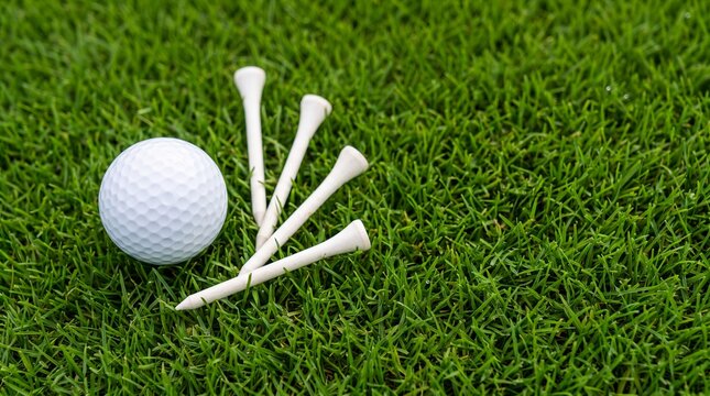 White golf ball resting beside four wooden tees arranged in neat pattern on green grass