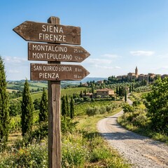 Obraz premium Tuscan Countryside Road Sign To Historic Italian Towns Scenic Views