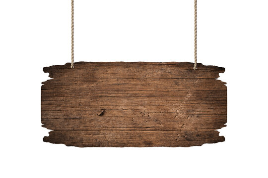 wooden blank sign hanging with chain and rope on white background
