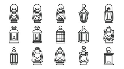 Set of 15 vintage lantern and oil lamp icons in black line art style. Includes kerosene lamps, camping lanterns, and hanging garden lights in minimalist outline on a white background. © Afif