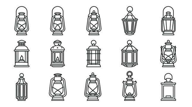 Set of 15 vintage lantern and oil lamp icons in black line art style. Includes kerosene lamps, camping lanterns, and hanging garden lights in minimalist outline on a white background.