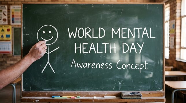 Hand drawing happy smiley face stick figure with chalk on green board during World Mental Health Day awareness education class