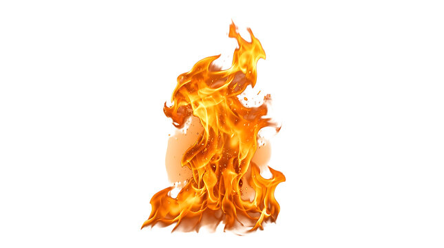 A bright orange and yellow realistic fire flame element for design projects presented as an isolated object on transparent background isolated on transparent background