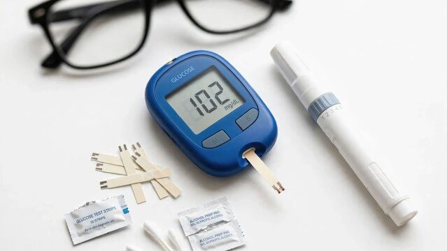 Diabetes monitoring kit with glucose meter, test strips, lancet, and glasses.