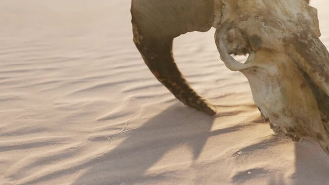 A skull is placed on the sand in an open area with gentle waves. The sun sets in the background, casting shadows around the skull. The scene shows nature and remains.