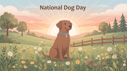 Fototapeta premium Happy brown dog sitting in a flower field