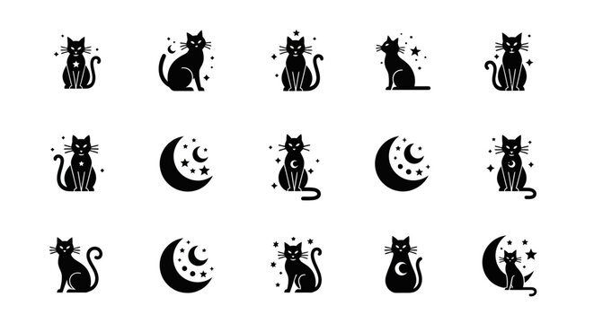 Collection of black cat and moon silhouette icons for mystical and Halloween themes.