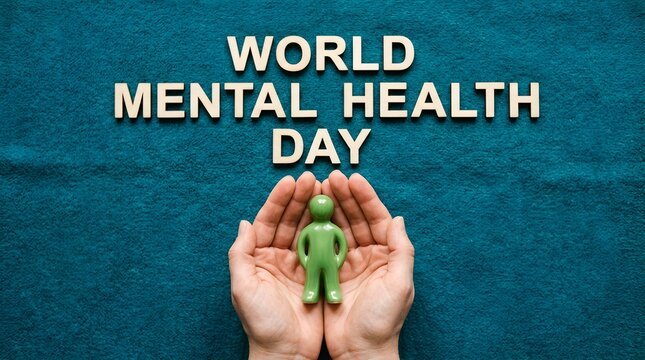 Two caring hands gently cupping and holding small green human figure symbol of care support protection mental health wellbeing, large wooden block 3D letters World Mental Health Day on solid dark teal