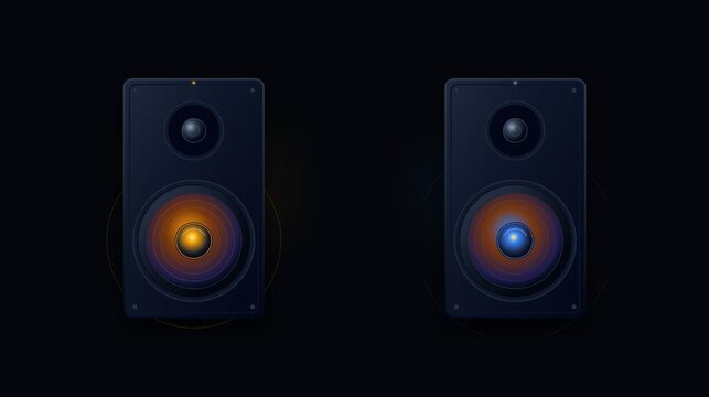 Pair of professional studio monitor speakers with glowing woofers in dark recording studio