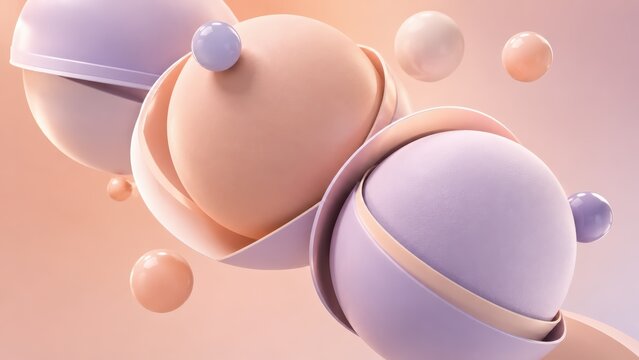 Abstract 3D spheres in soft pastel colors with smooth textures float against a peach background, creating a modern and minimalistic digital art composition.