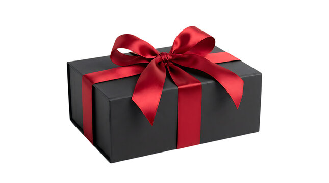 A black gift box with a luxurious red satin ribbon bow presented as an isolated object on a transparent background isolated on transparent background