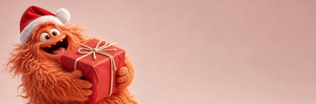 Cute fluffy orange monster wearing santa hat holding red gift box. Funny furry character with copy space on pastel background. Christmas and new year holiday greeting card concept