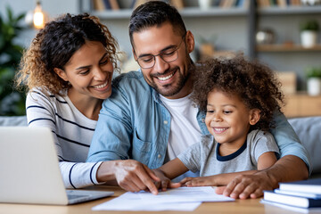 Obraz premium Happy family gathered around laptop and papers. Parents and child share joyful, engaged smiles. Warm lighting enhances cozy, domestic atmosphere