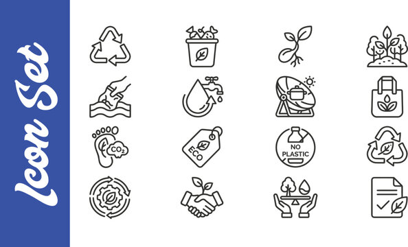Collection of hand drawn doodle icons representing environmental sustainability and green energy concepts on white background