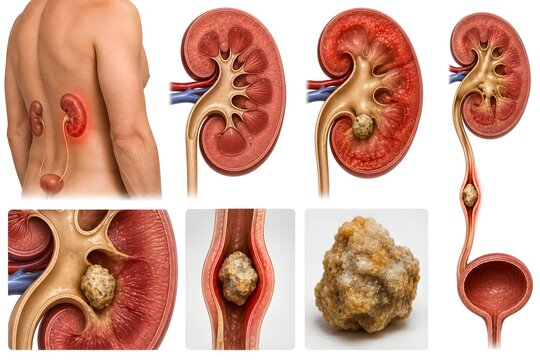 Medical illustration showing kidney stones, ureteral obstruction and hydronephrosis, with detailed renal anatomy and a comparison of healthy and affected kidney structures.