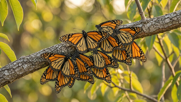 Cluster of monarch butterflies resting together on a tree branch during their migration, sharp wing detail, ideal for wildlife and nature conservation content.