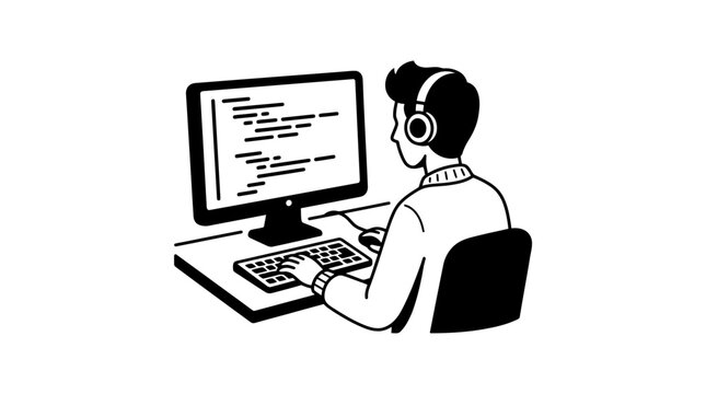Rear view of coder typing on desktop computer illustration.