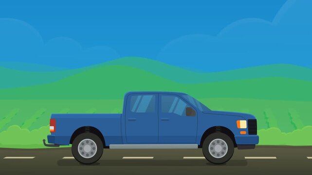 Animated blue pickup truck driving on a country road under the sun representing travel freedom, road trip, and mobility. (loopable)