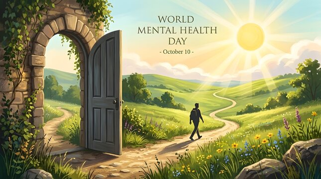 : Person walking winding green path through ancient stone archway covered in climbing vines into open rolling hills under bright sunny blue sky, symbolic journey to mental well being wellness hope Wor