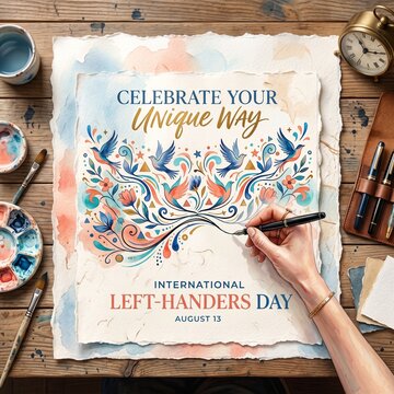 Watercolor Artistic Illustration Celebrating International Left Handers Day Event Poster Design