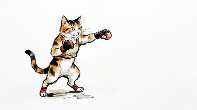 Ink and watercolor illustration of a cat wearing boxing gloves