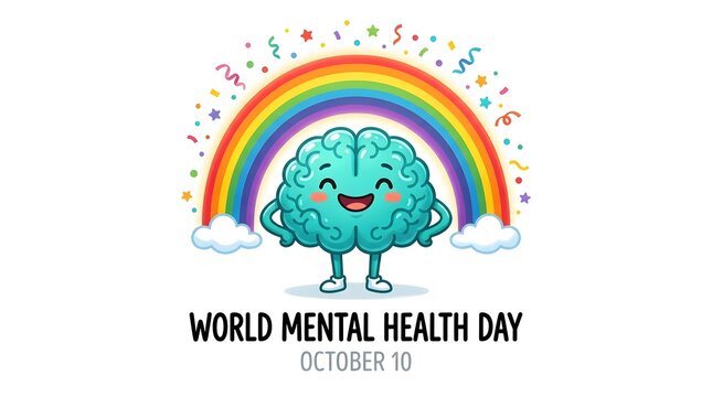 : World Mental Health Day October 10 happy cartoon brain smiling under rainbow confetti celebration cheerful illustration