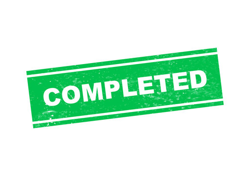 Green completed stamp with white text isolated on transparent background