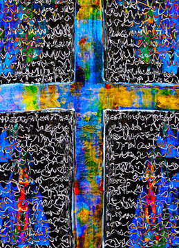 contemporary cross design with writing type pattern on black and some bright colors