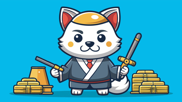 A cute chibi samurai fox in a kimono holding swords, standing next to piles of gold bars against a blue background, symbolizing wealth, crypto success, and gaming mascots.