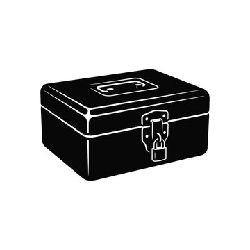 Halloween, Vintage metal cash box with padlock, black steel security chest for money storage, industrial locked tool box vector isolated on White Background