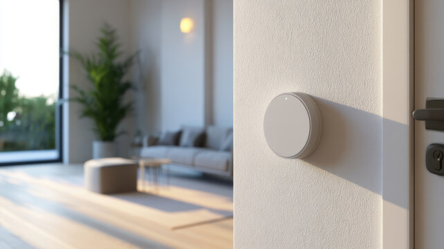 Modern entryway with smart lock panel and circular wall control beside bright living room