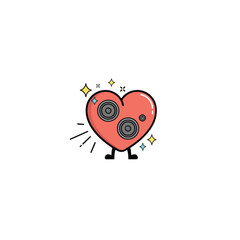 Fototapeta premium Red heart shaped speaker character with legs and sparkling stars for music and romantic audio concept