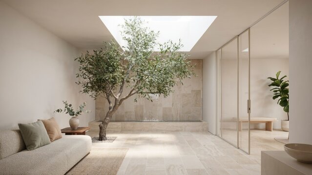 Interior Courtyard, Minimalist Design, Modern Architecture, Natural Light, Serene Space, Indoor Garden