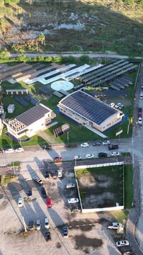 Solar Energy Technology Complex with Multiple Photovoltaic Systems and Solar Panel Arrays in Florian&oacute;polis, Brazil. Aerial View.